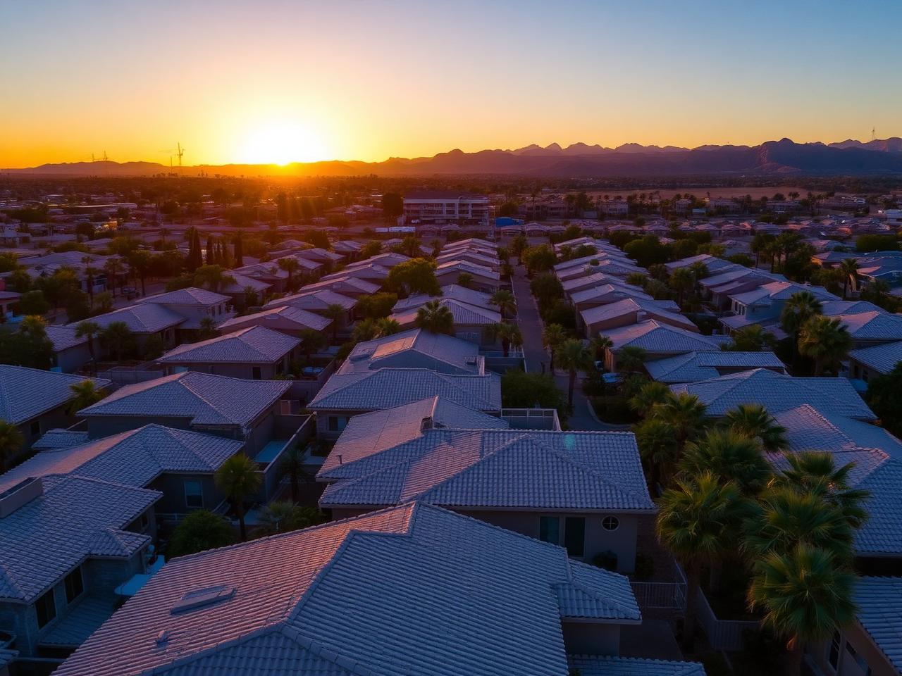 Aerial view of an Arizona neighborhood at sunset